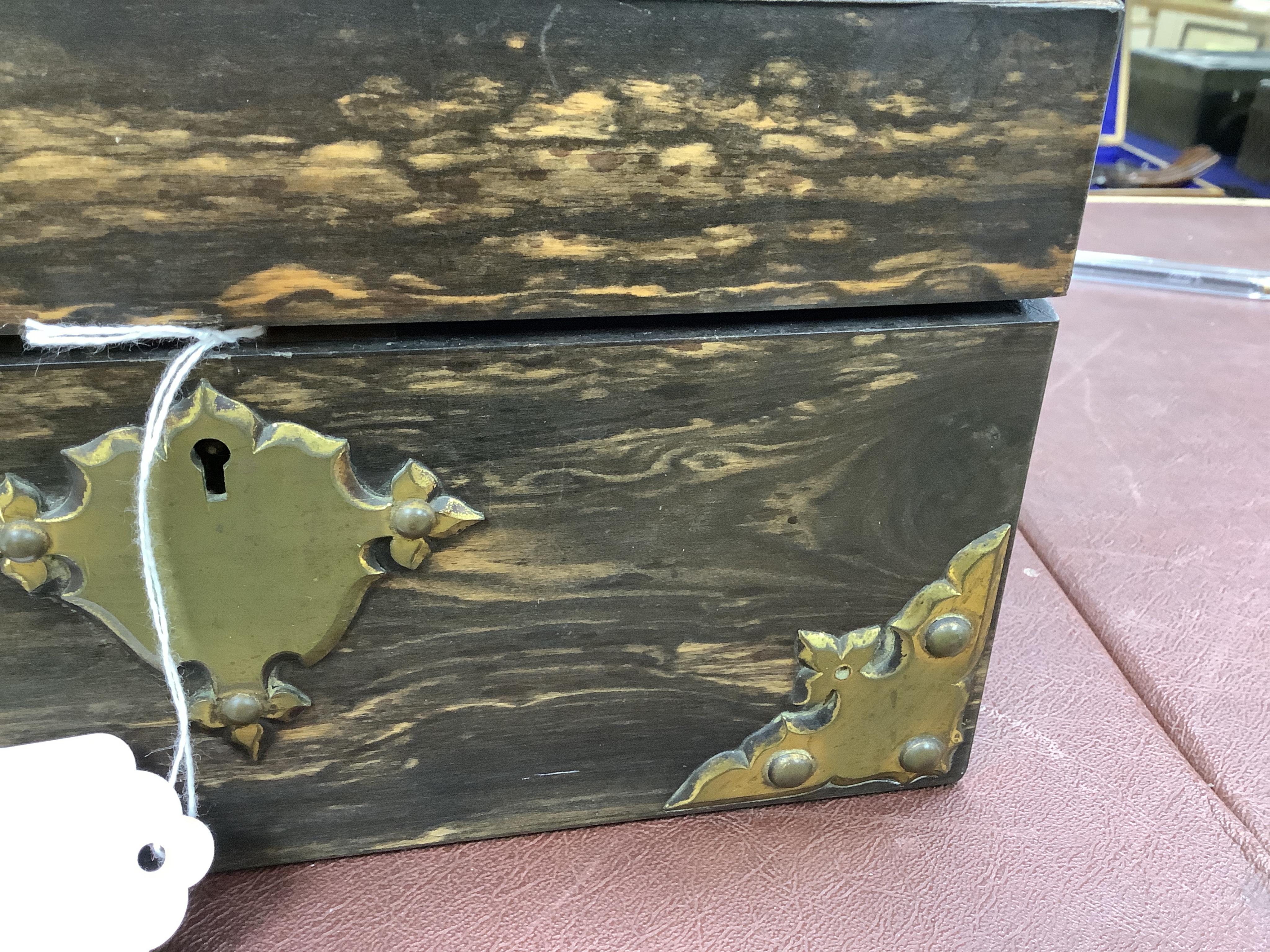 A Victorian brass mounted coromandel stationery box with inset jasper mount, silk lining, 24cm wide. Condition - fair/good